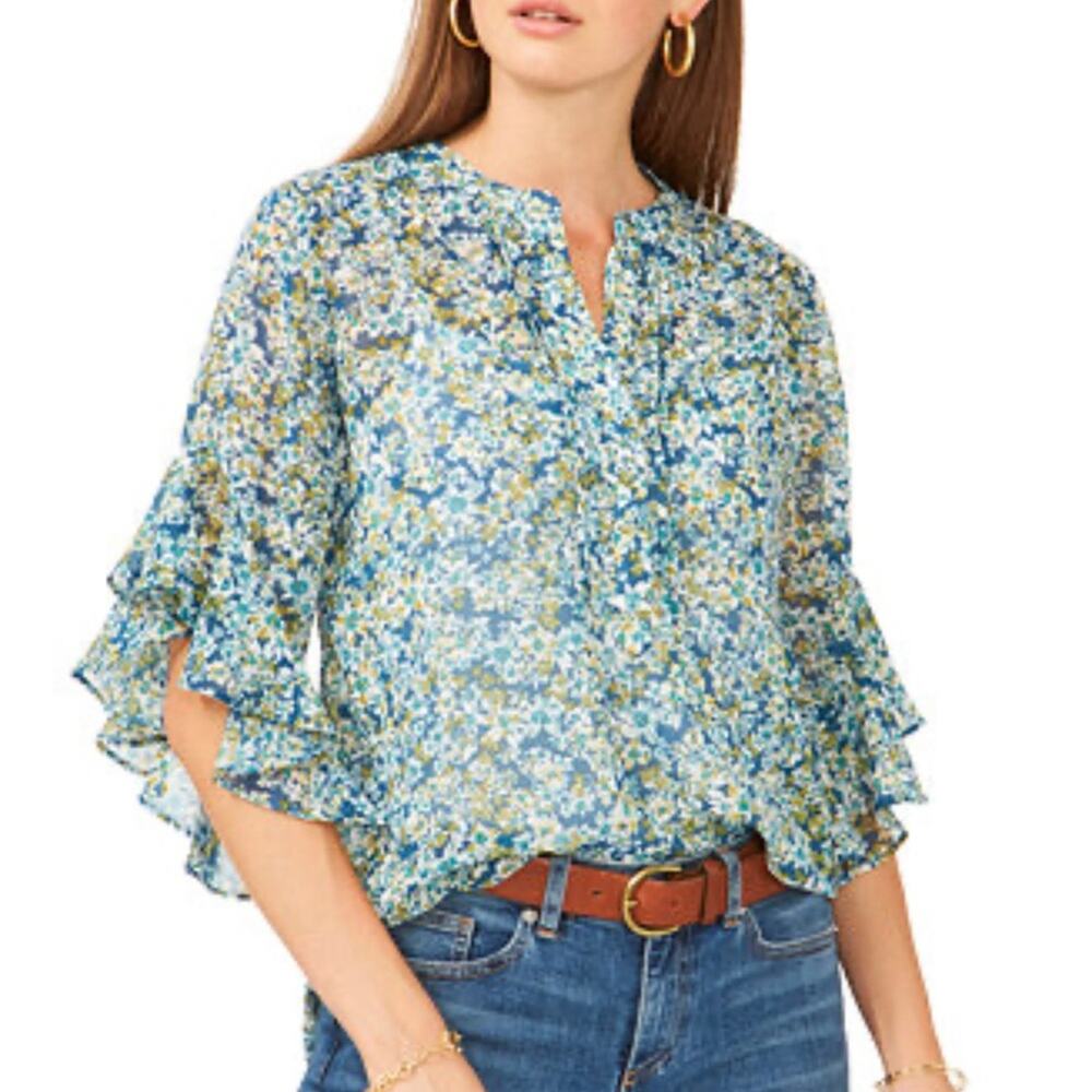 NWOT VINCE CAMUTO Teal Floral 3/4 Ruffle Sleeve Blouse Women’s Size Small